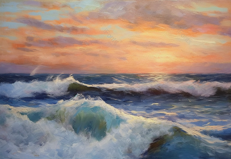 夕阳黄昏黄绿色海浪拍打礁石潮汐油画背景,插画/手绘图,插画/手绘图库,插画/手绘图下载,插画/手绘